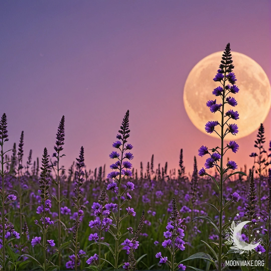 Крупный план ярких полевых цветов на фоне розово-фиолетового неба с луной на закате.