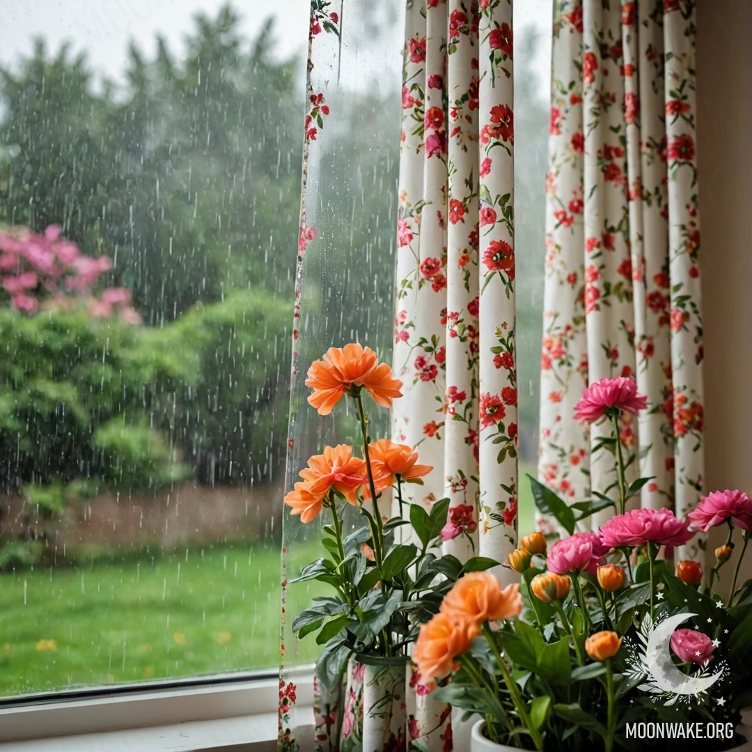 Близкий план занавески с цветочным рисунком, за которой находится окно и размытый цветущий сад на фоне под дождем.