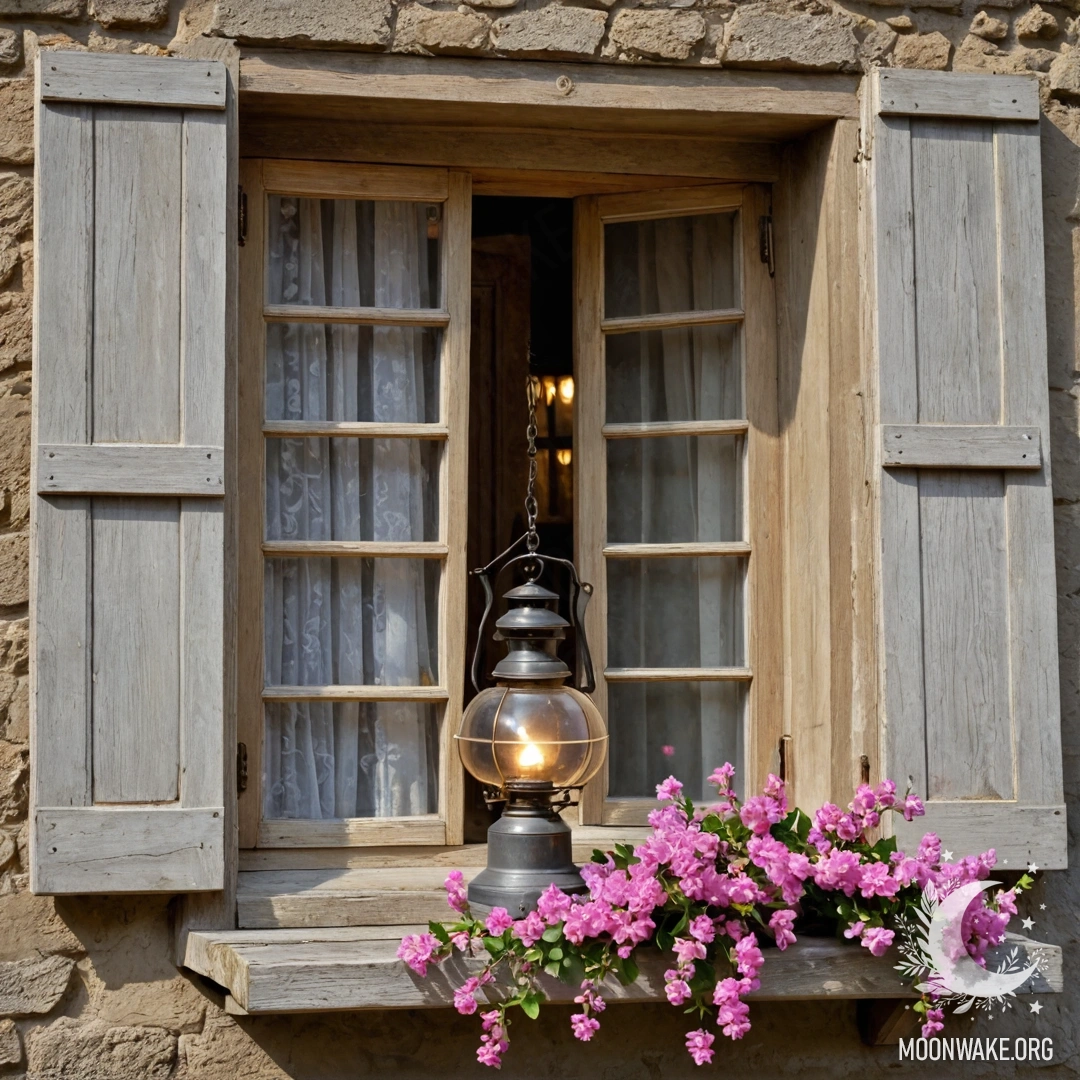 Крупный план цветной занавески перед окном, сквозь которое виден сад, покрытый дождевыми каплями.