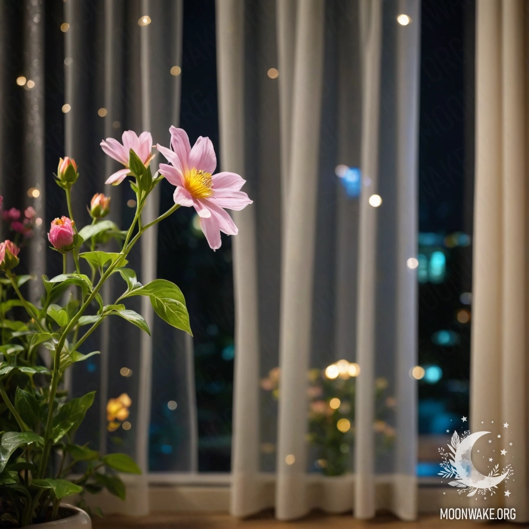 Крупный план цветной занавески с цветочным рисунком и окном, за которым находится цветущий сад в размытости на ночном фоне.