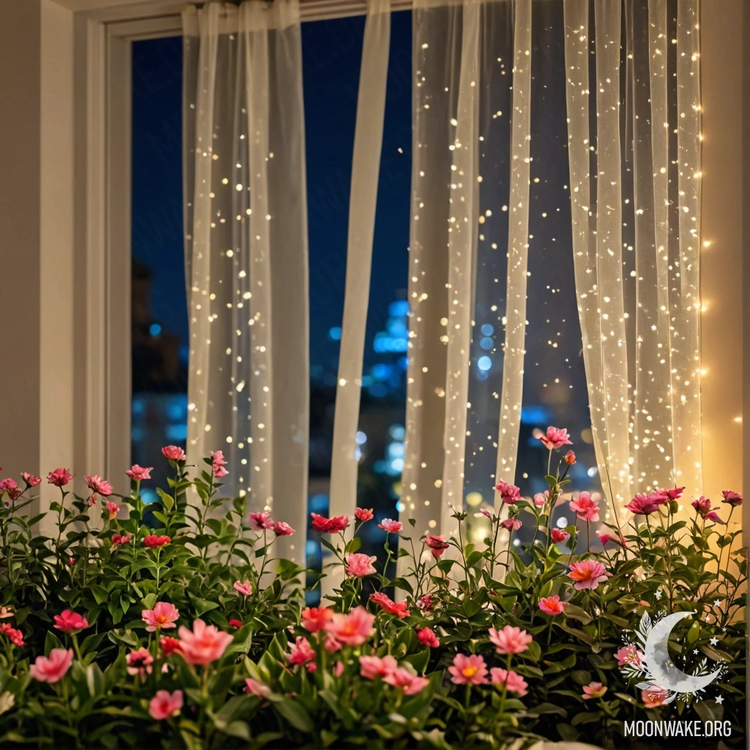 Крупный план цветочной занавески перед окном, за которым в ночи размыто виден цветущий сад.