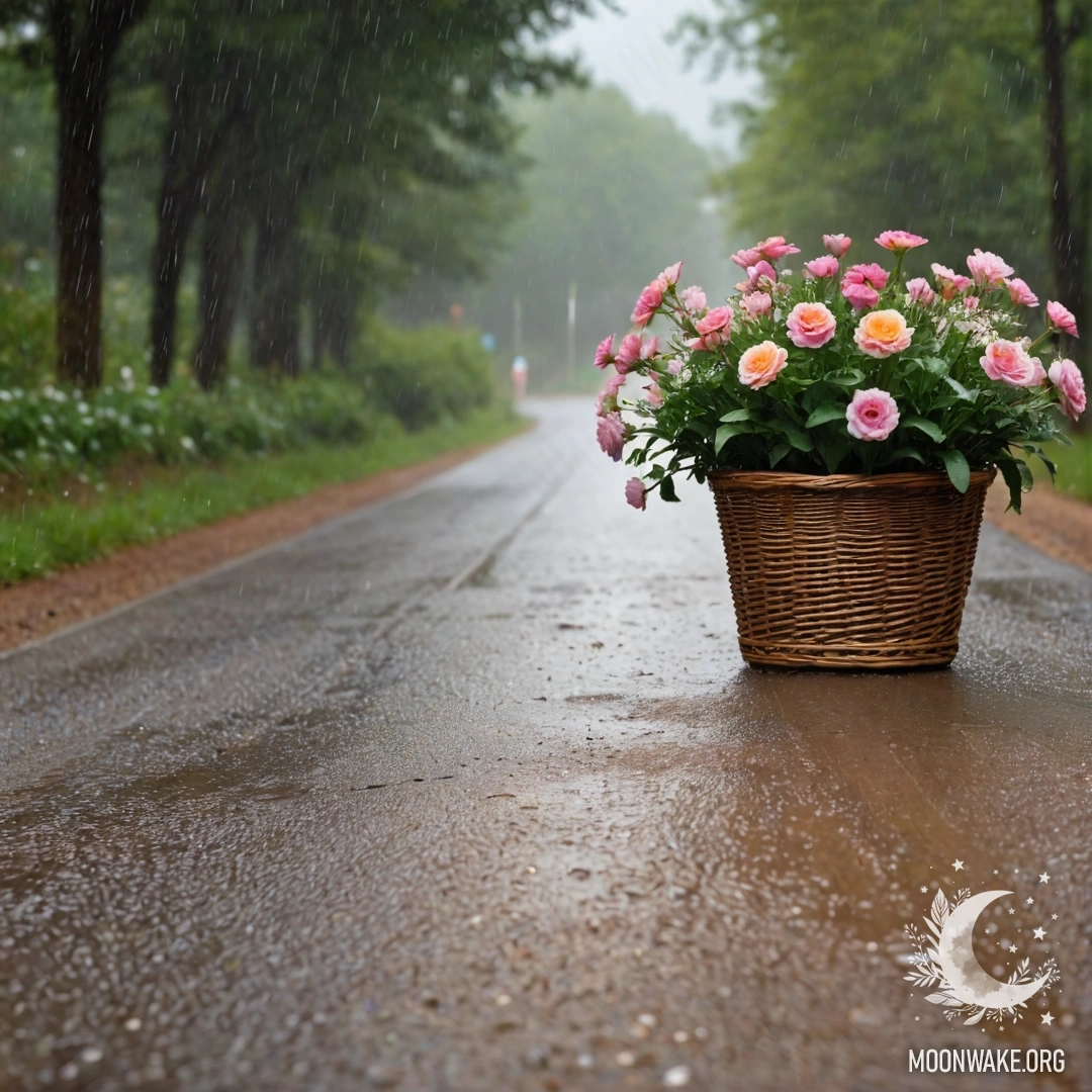 Грязная дорога с корзиной цветов на переднем плане и размытыми деревьями на фоне под дождем.