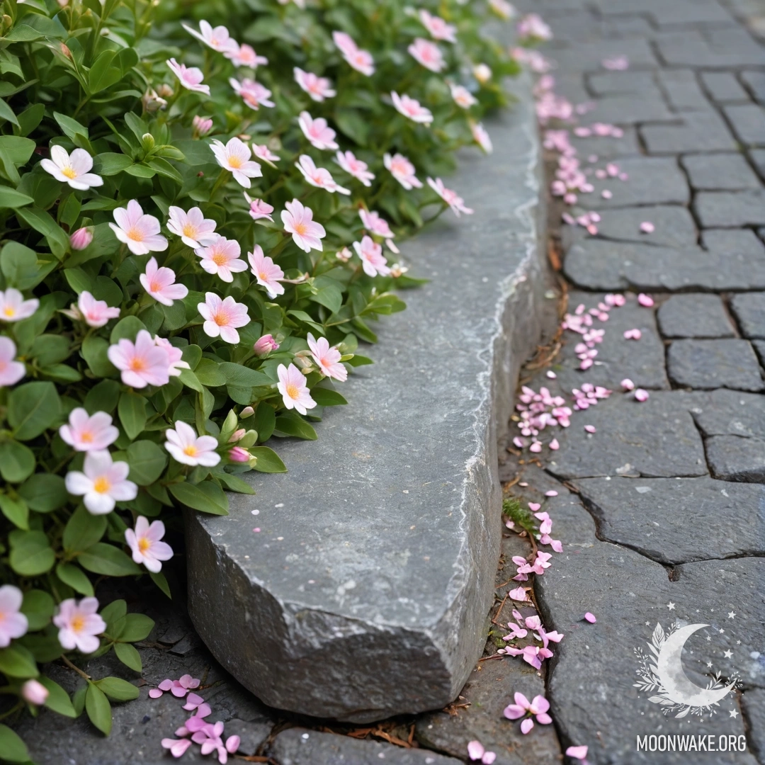 Старый каменный бордюр с небольшими белыми и розовыми цветами и гирляндами света.