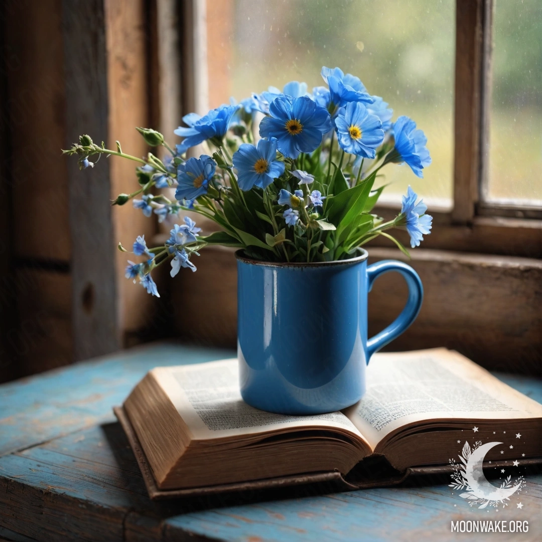 Старая синяя книга на деревянном подоконнике с синей металлической кружкой, наполненной цветами и гирляндой огней.