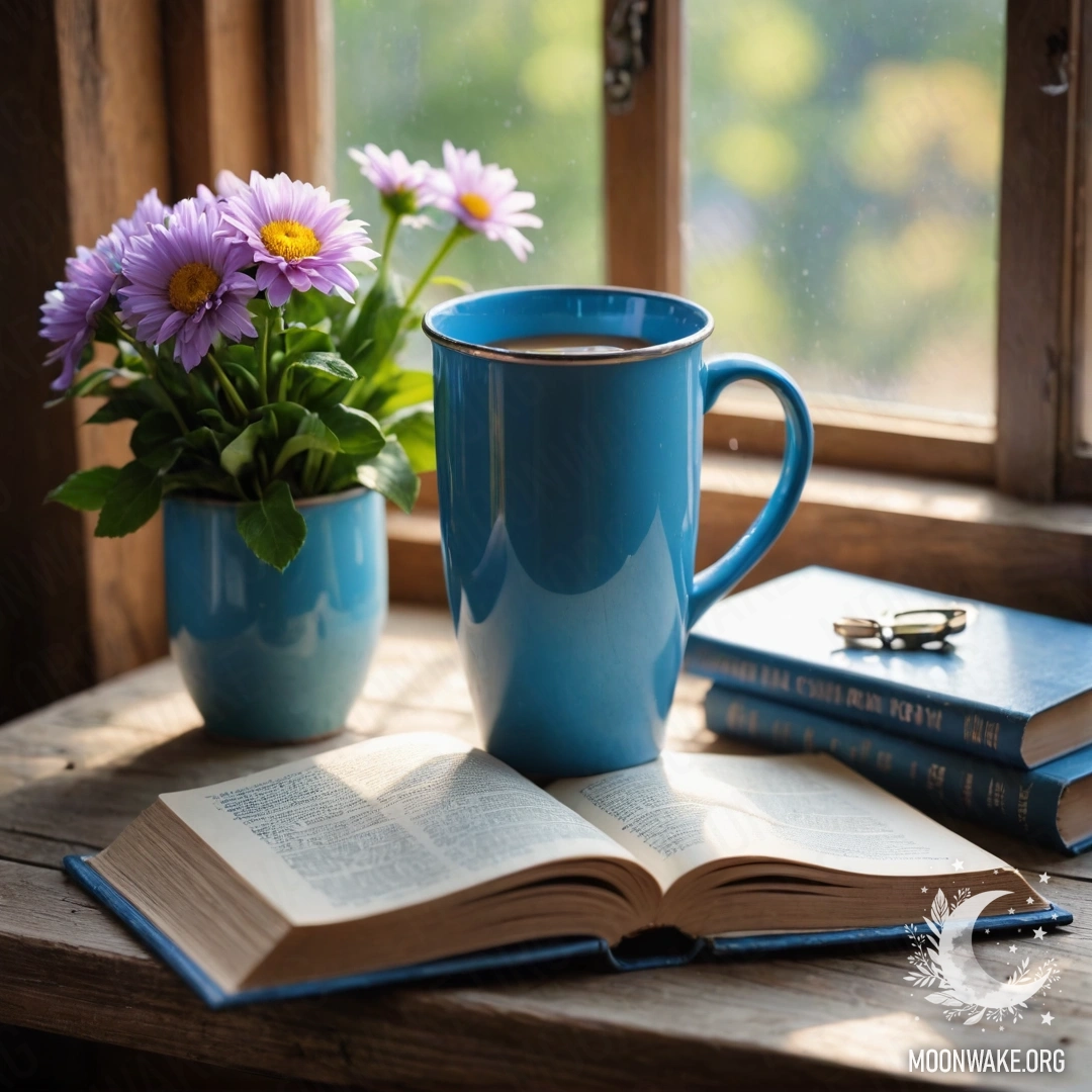 Синяя книга на деревянном подоконнике с синей металлической кружкой, наполненной цветами.