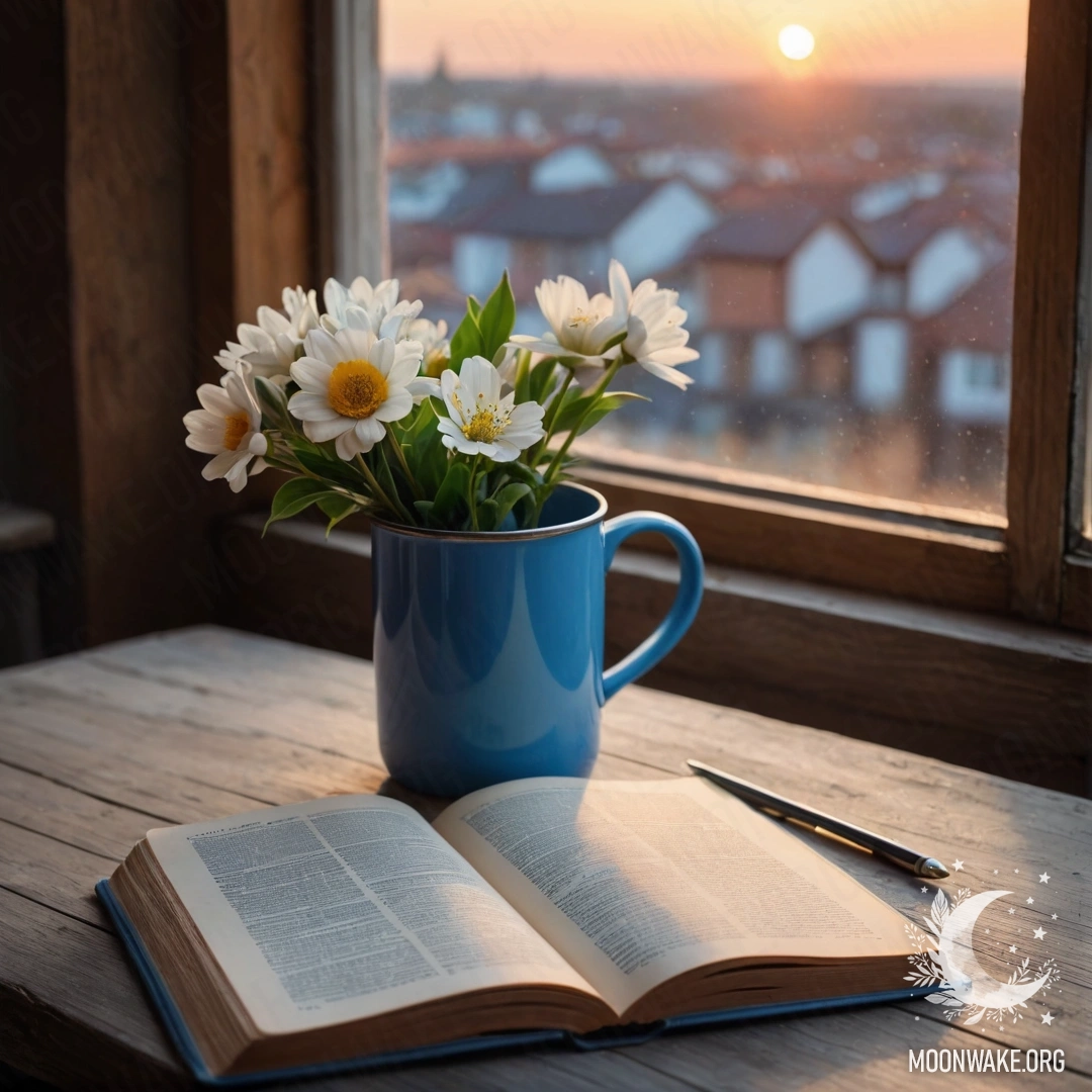Синяя книга на деревянном подоконнике с синей кружкой, наполненной цветами, на фоне заката.
