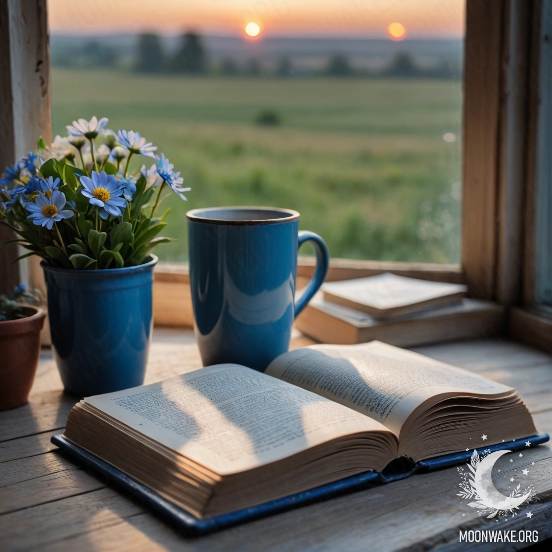Синяя книга на деревянном подоконнике с синей металлической кружкой, наполненной цветами на закате.