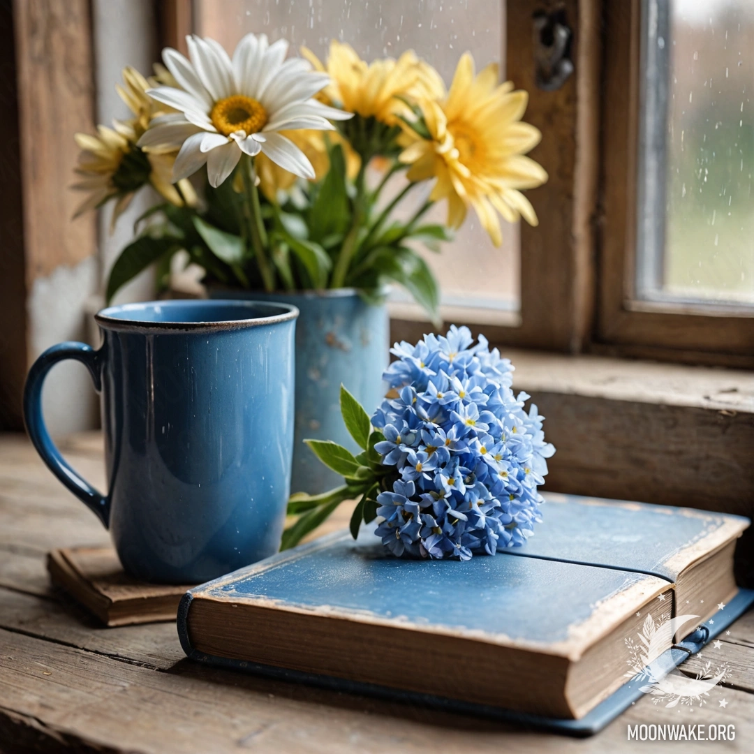 Старый потертый синий бук с голубой металлической кружкой, наполненной цветами, на деревянном подоконнике.