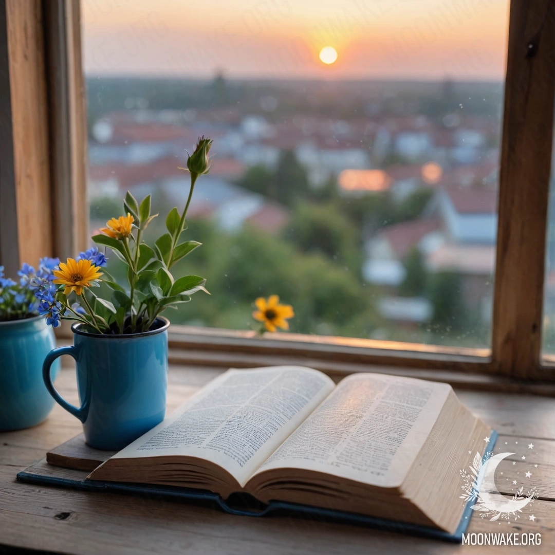 Старая синяя книга и синяя металлическая кружка с цветами на деревянном подоконнике при закате.