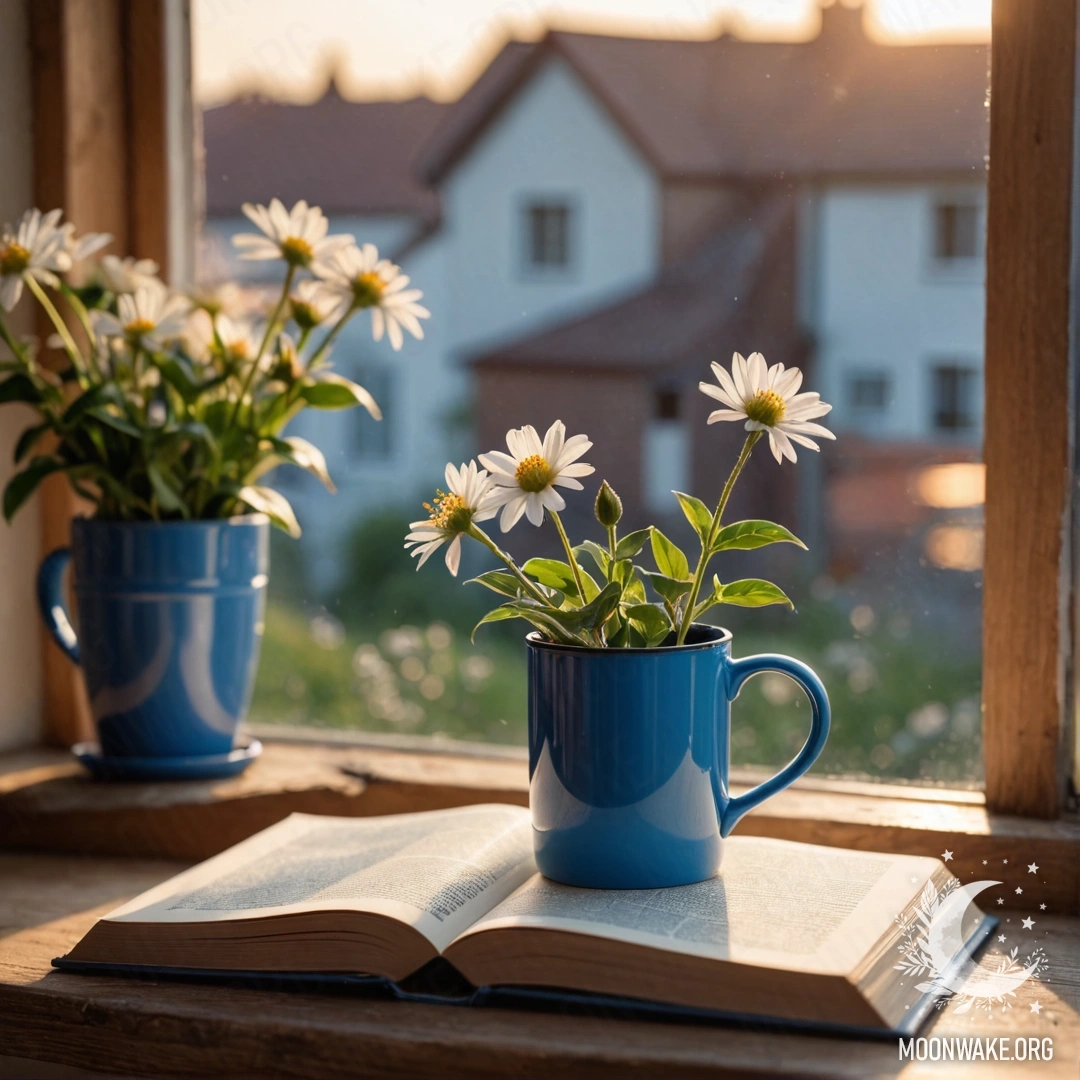 Синяя книга на деревянном подоконнике с синей металлической кружкой и цветами внутри кружки на закате.
