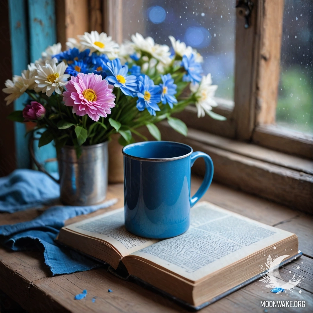 Старый потертый синий дневник лежит на деревянном подоконнике рядом с синей металлической кружкой, в которой находятся цветы, ночью.