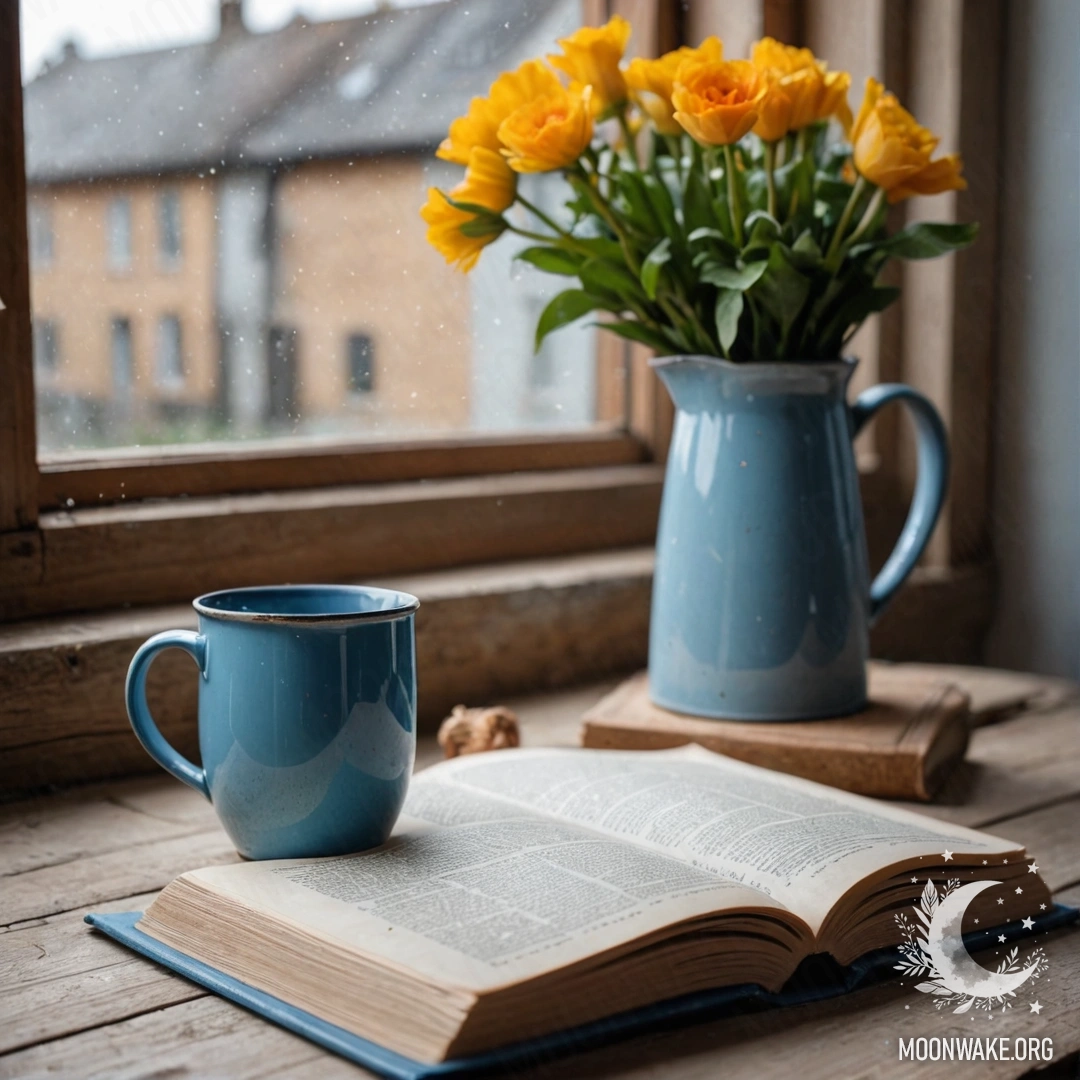 Синяя книга лежит на деревянном подоконнике, а на книге стоит синяя металлическая кружка с цветами, украшенными гирляндой светов.