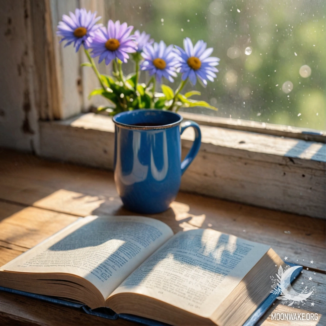 Синий книжка лежит на деревянном подоконнике, рядом с синим металлическим mug, в котором цветы, освещенные солнечными лучами.