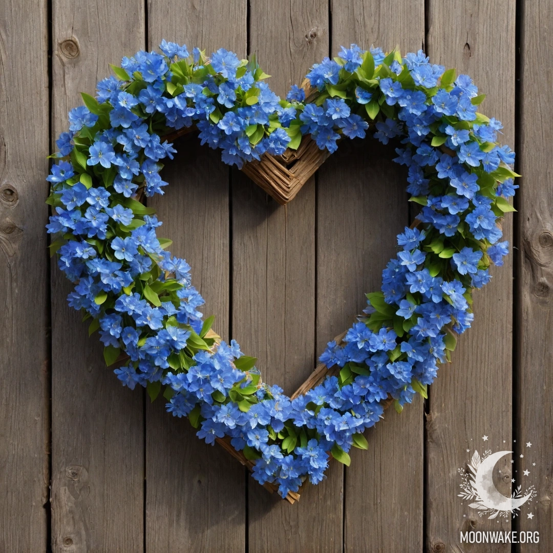 Крупный план старого деревянного забора, украшенного гирляндой из синих цветов в форме сердца.