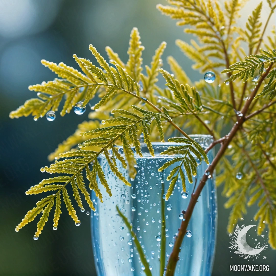 Синяя мимоза с росой в вазе, освещенная солнечными лучами.