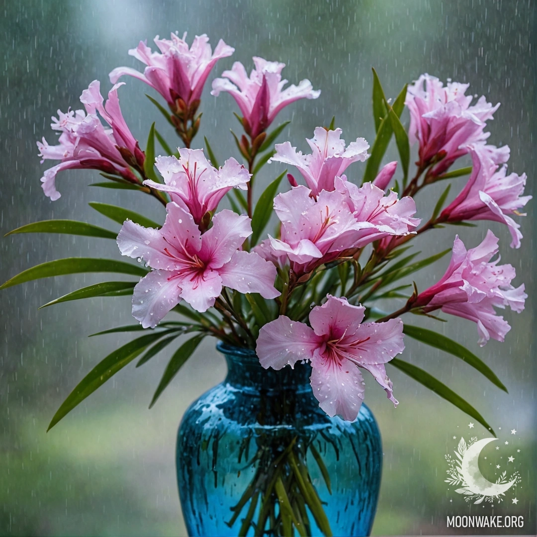 Синий олеандр в вазе, окружённый туманом и дождем.