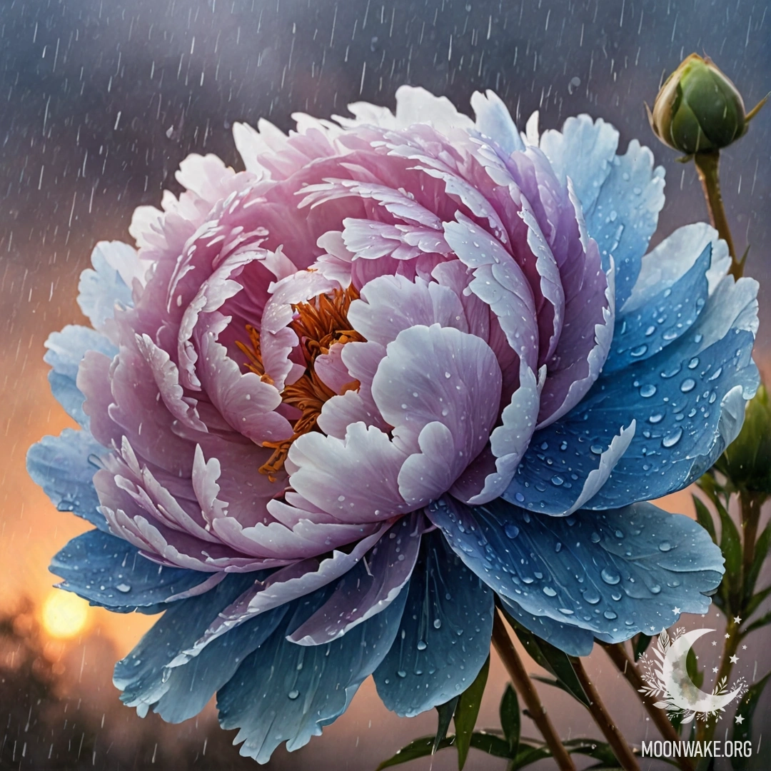 Букет голубых пионов под нежным дождем на закате.