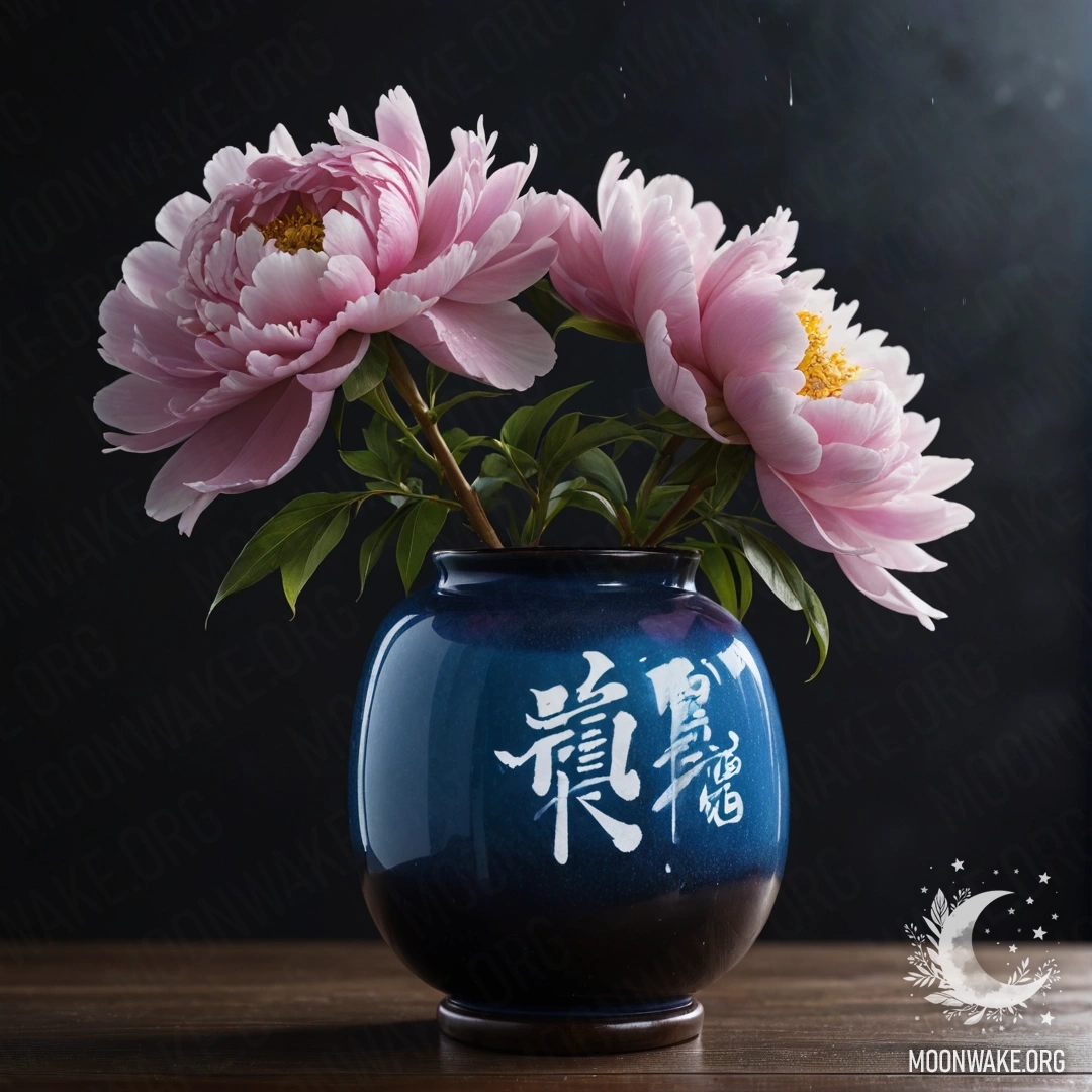 Голубой пион в вазе, окружённый дождём ночью.