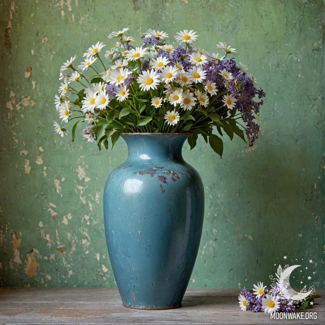 Старая синяя металлическая ваза, наполненная ромашками и сиренью на фоне старой зеленоватой стены.