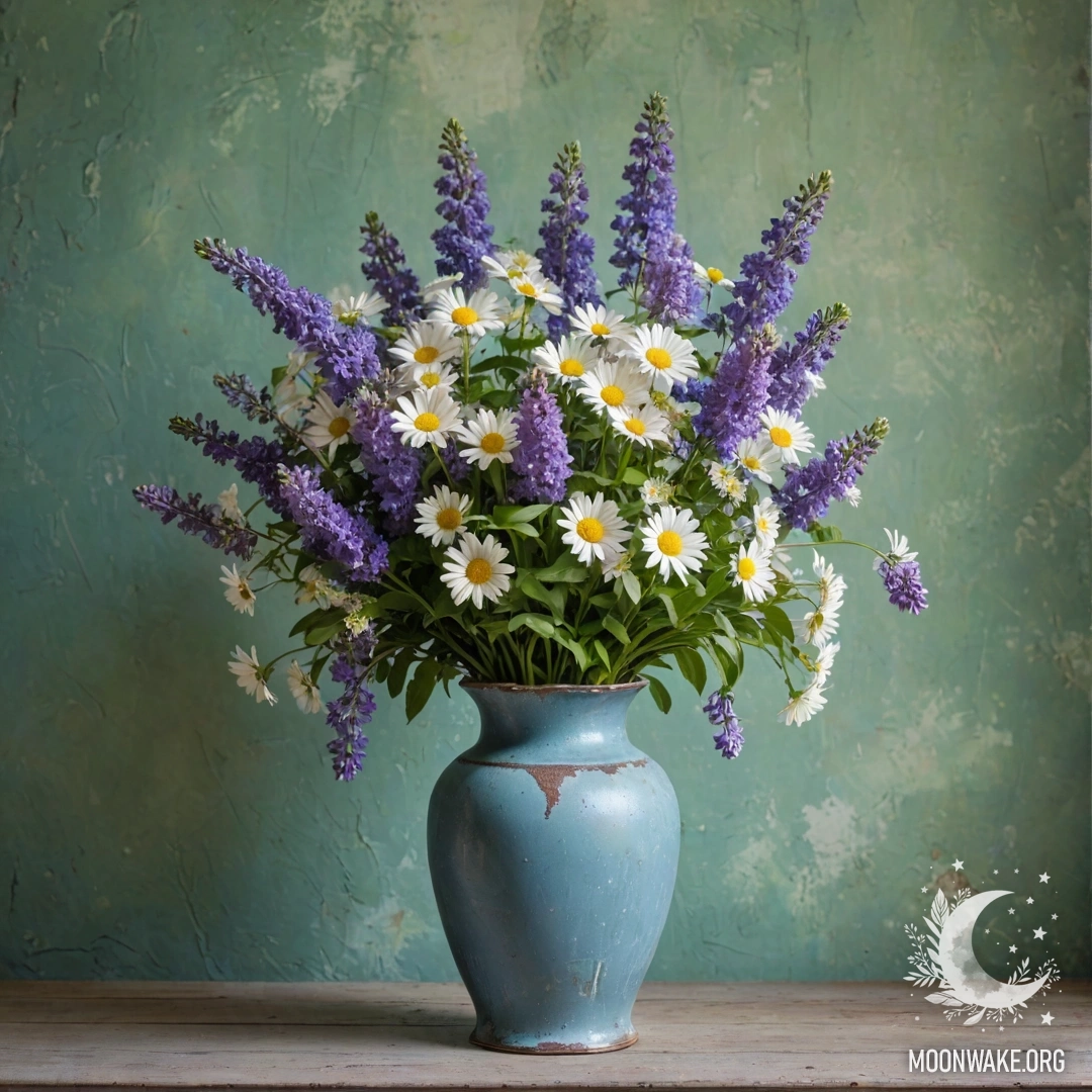 Старый синий металлический вазон, наполненный ромашками и сиренью, на зеленоватой стене, запечатленный через объектив.