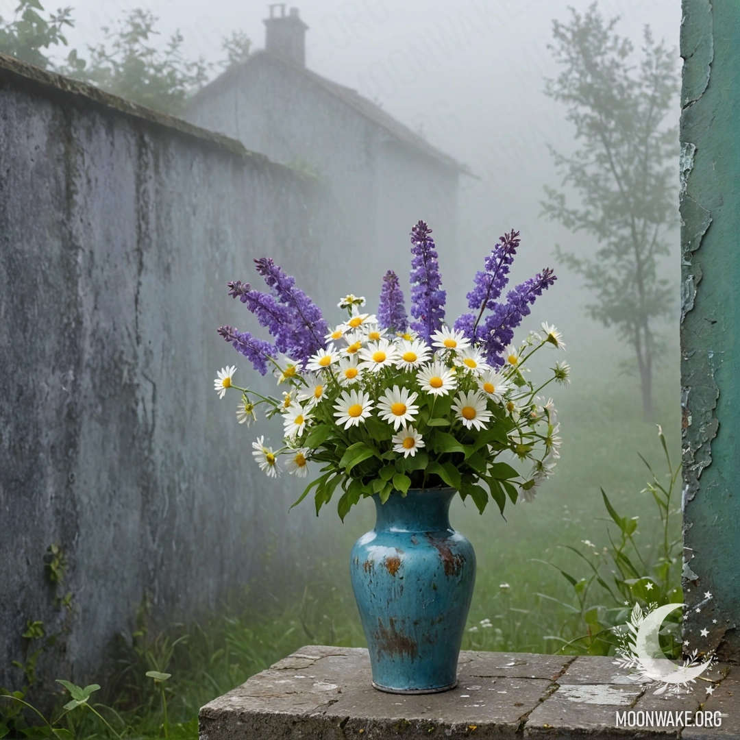 Потёртый синий металлический вазон, наполненный ромашками и сиренью, на фоне туманной зелёной стены.