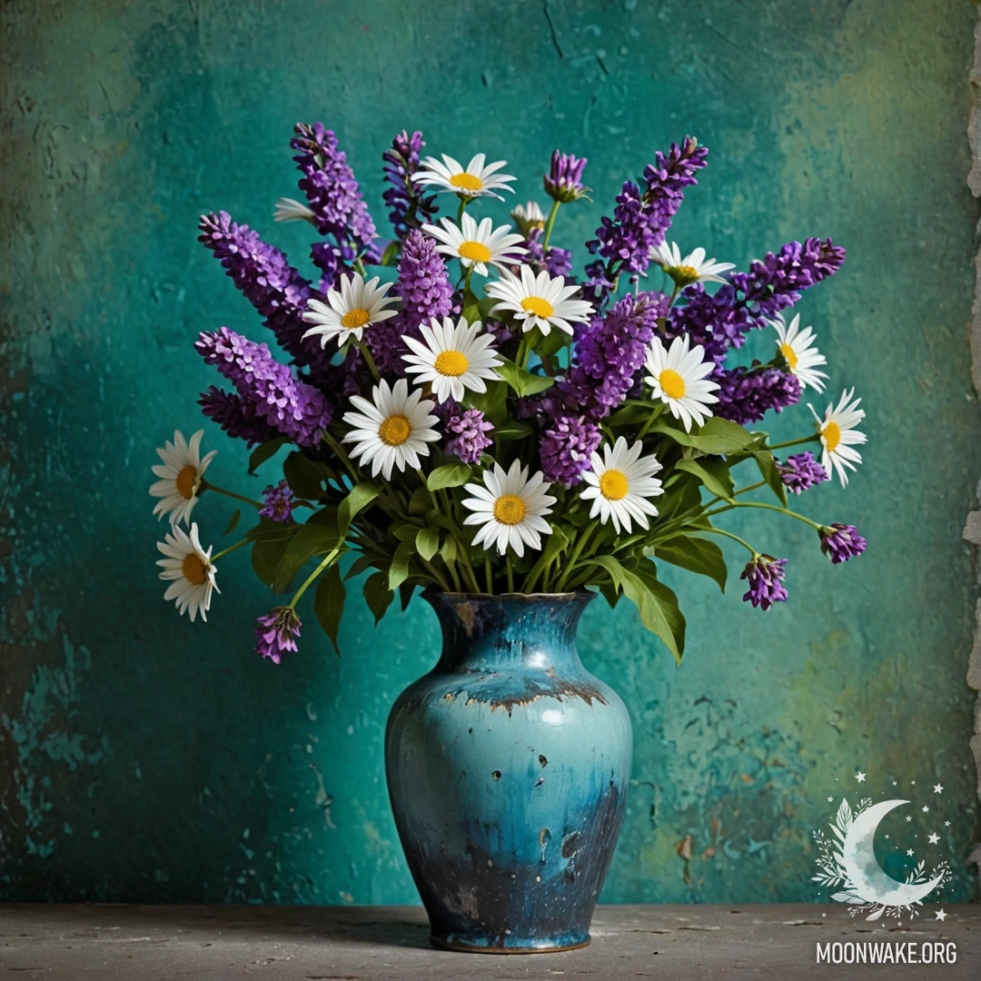 Старая голубая металлическая ваза с ромашками и сиренью на зеленой стене ночью.