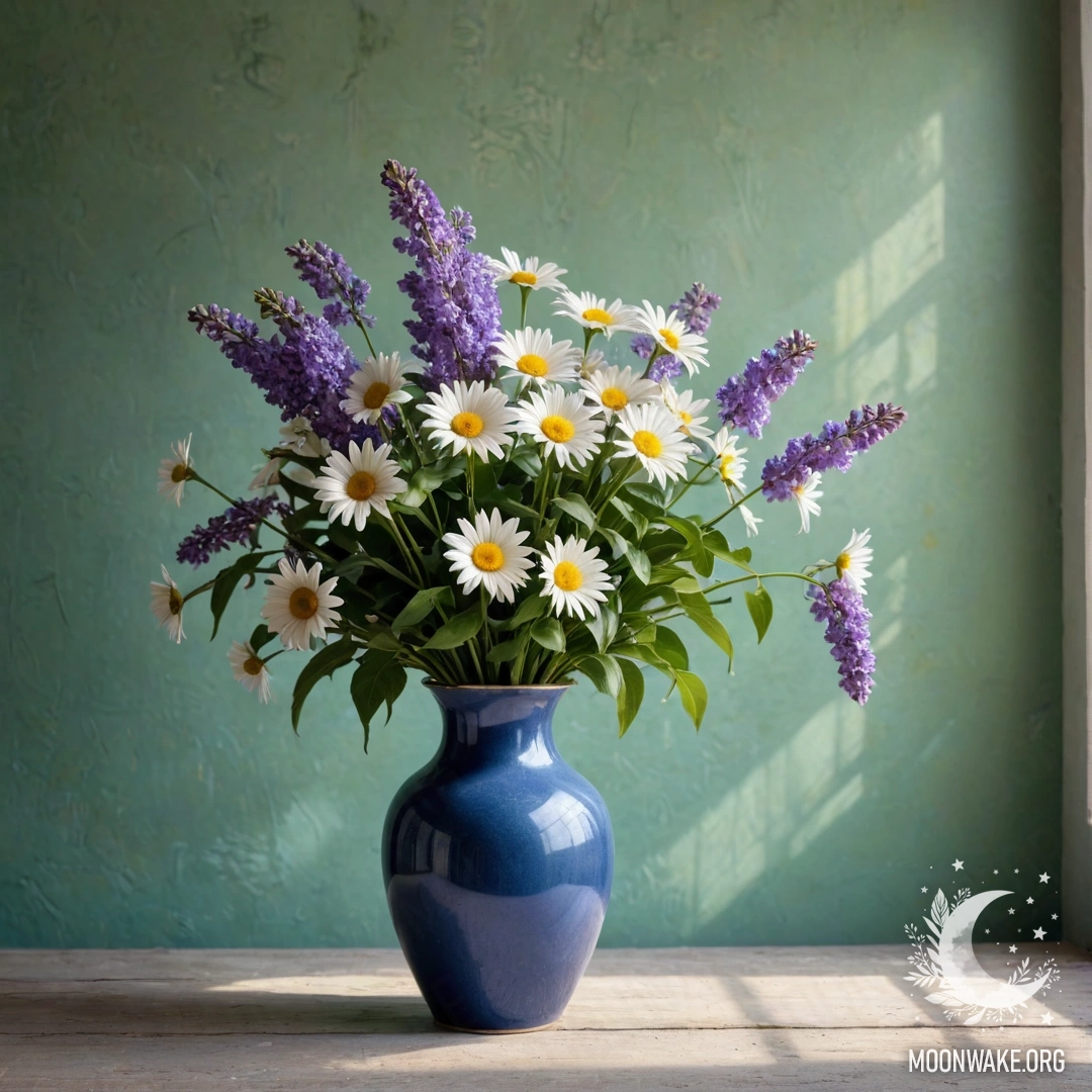Обветшалая голубая ваза с ромашками и сиренью на зеленоватой стене, пронизанной солнечными лучами.