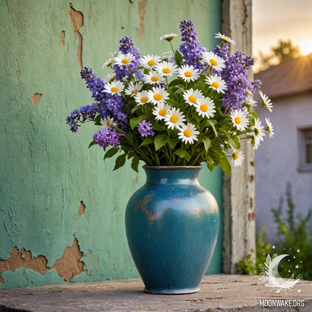 Потертой голубой металлический вазон с ромашками и сиренью на фоне зеленоватой стены на закате.