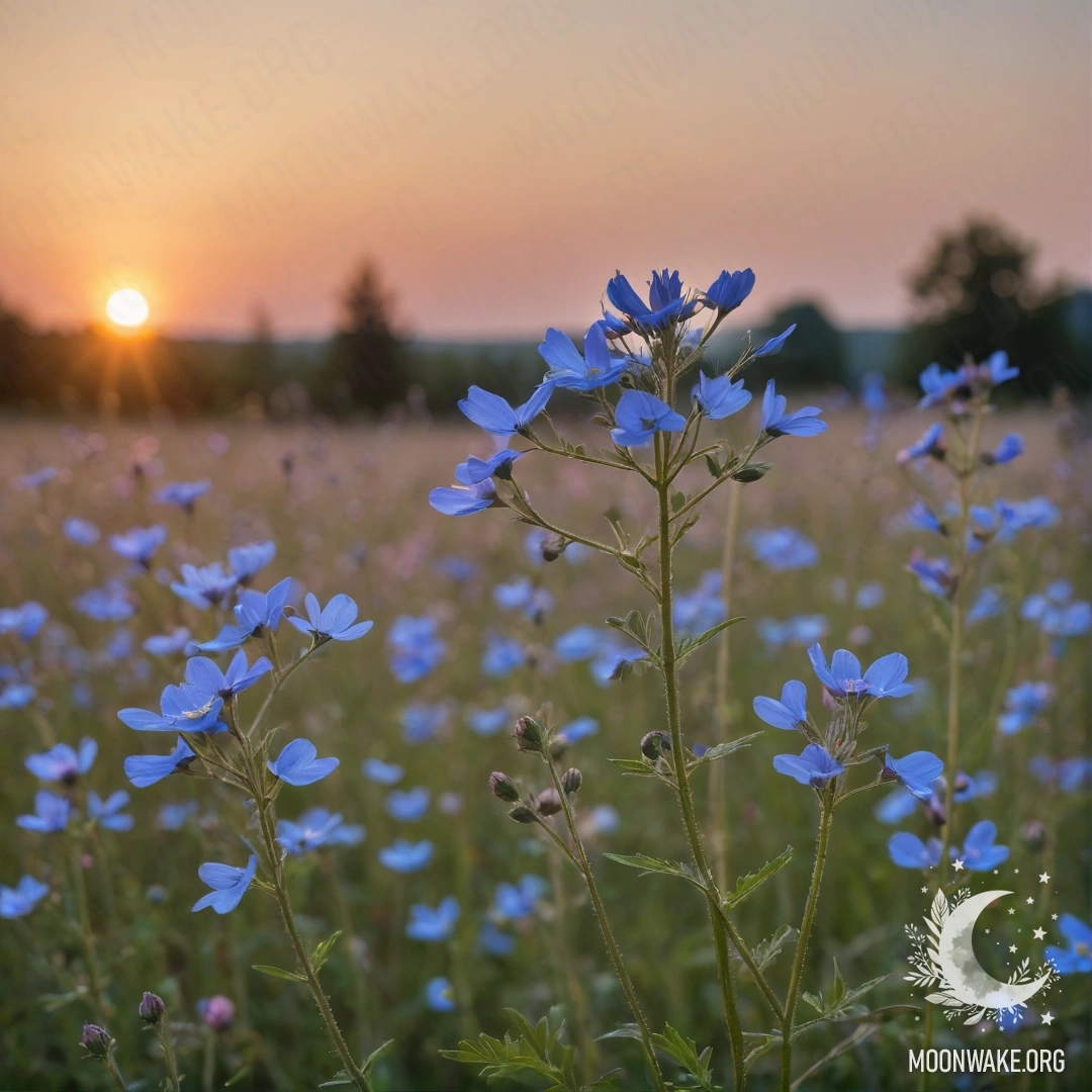 Фотография красивых синих полевых цветов на фоне заката.
