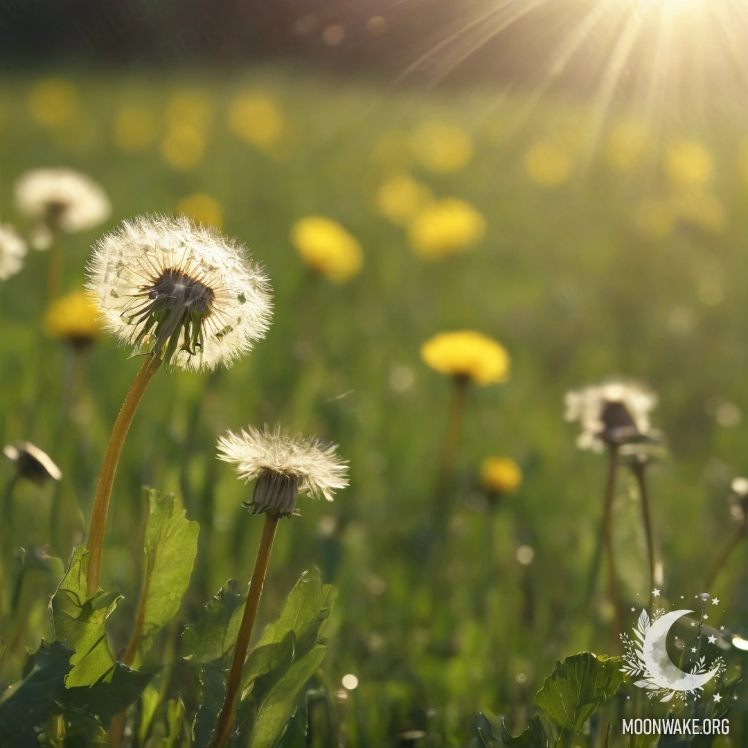 Крупный план одуванчиков на фоне размытого боке цветков с венчиками света.