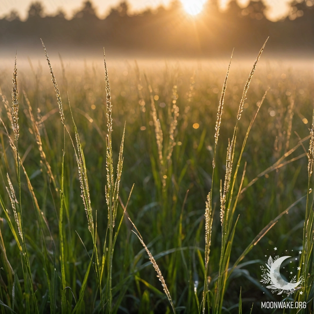 Крупный план красивой травы на туманном поле во время заката с солнечными бликами.