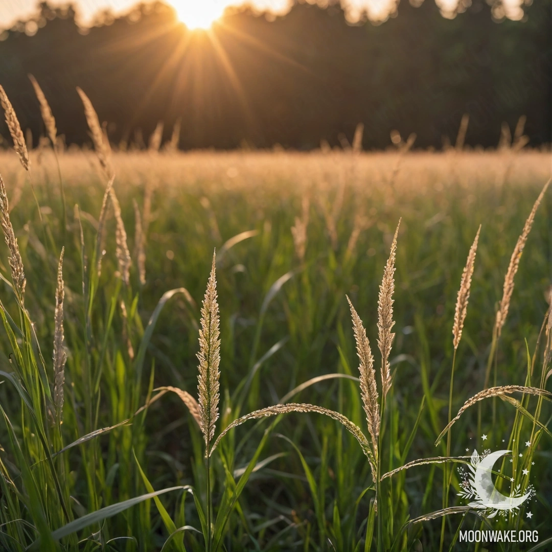 Близкий план красивой травы на поле с размытым лесом на заднем плане во время заката.