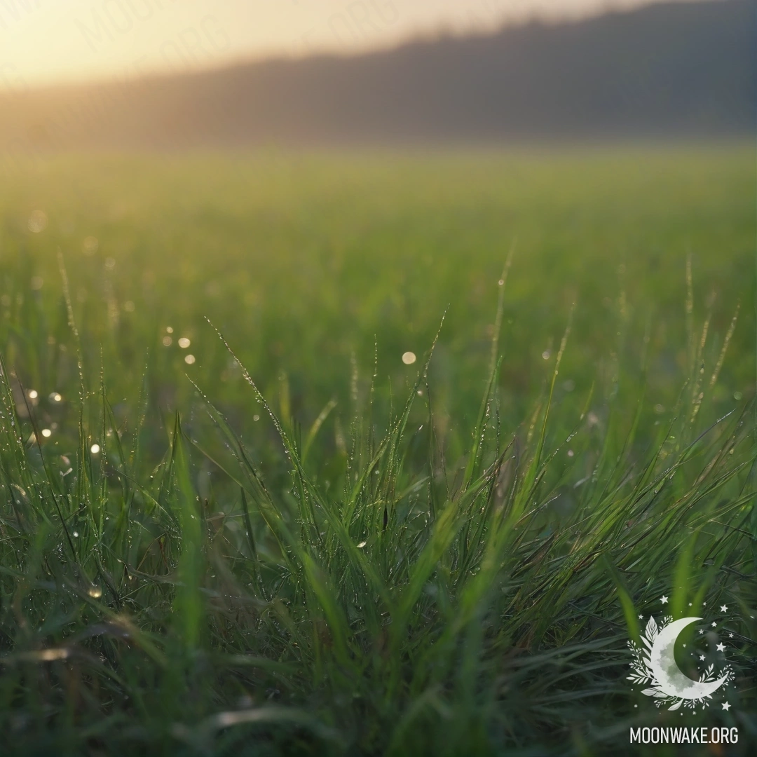 Крупный план травы на поле с боке на фоне и туманом во время заката, с блестящими каплями дождя.