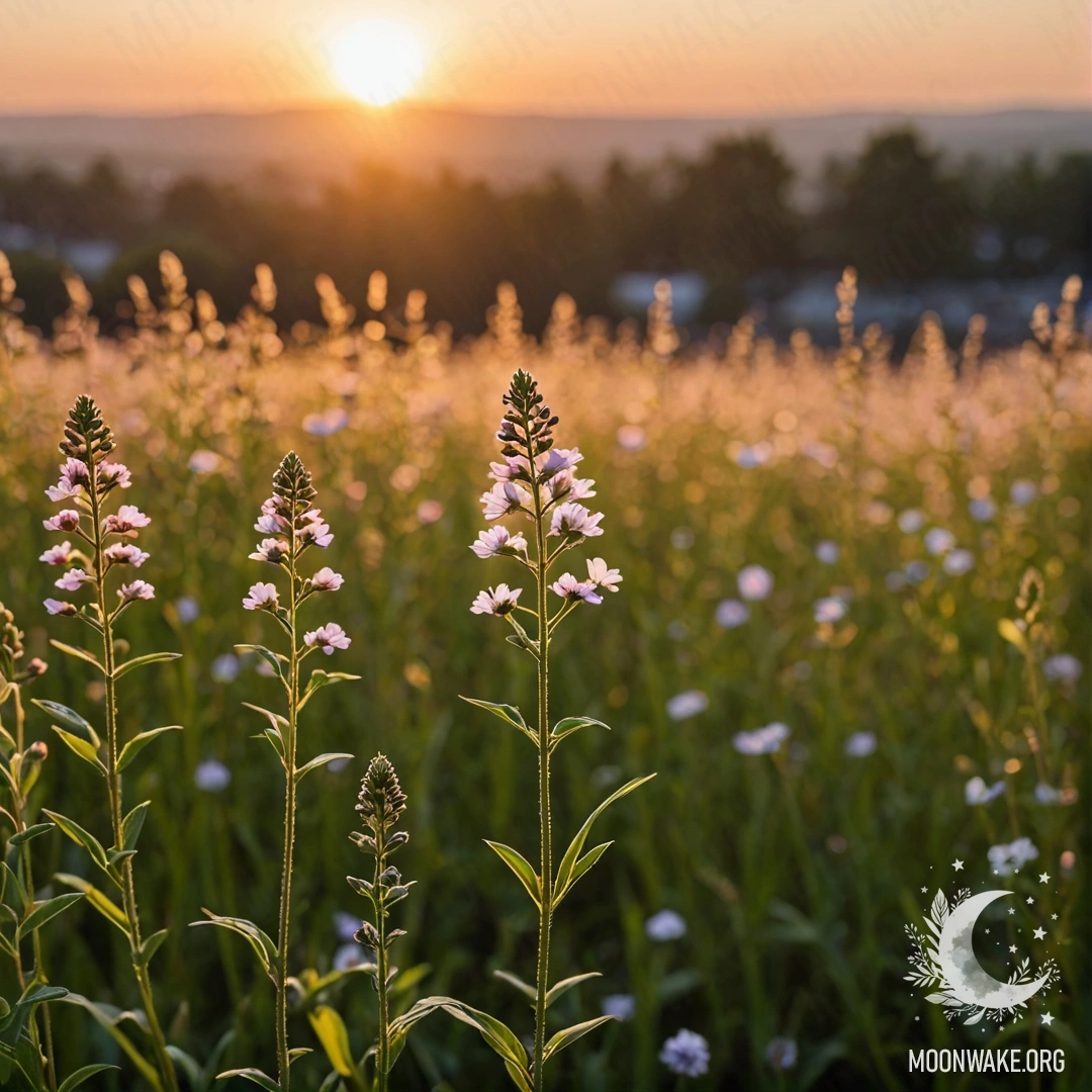 Крупный план нежных полевых цветов на фоне заката с боке.