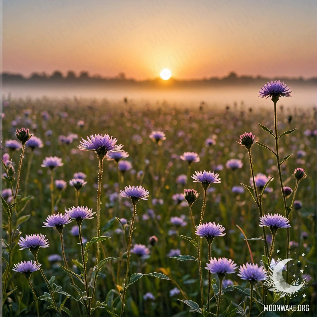 Крупный план красивых полевых цветов на фоне боке и тумана на закате.