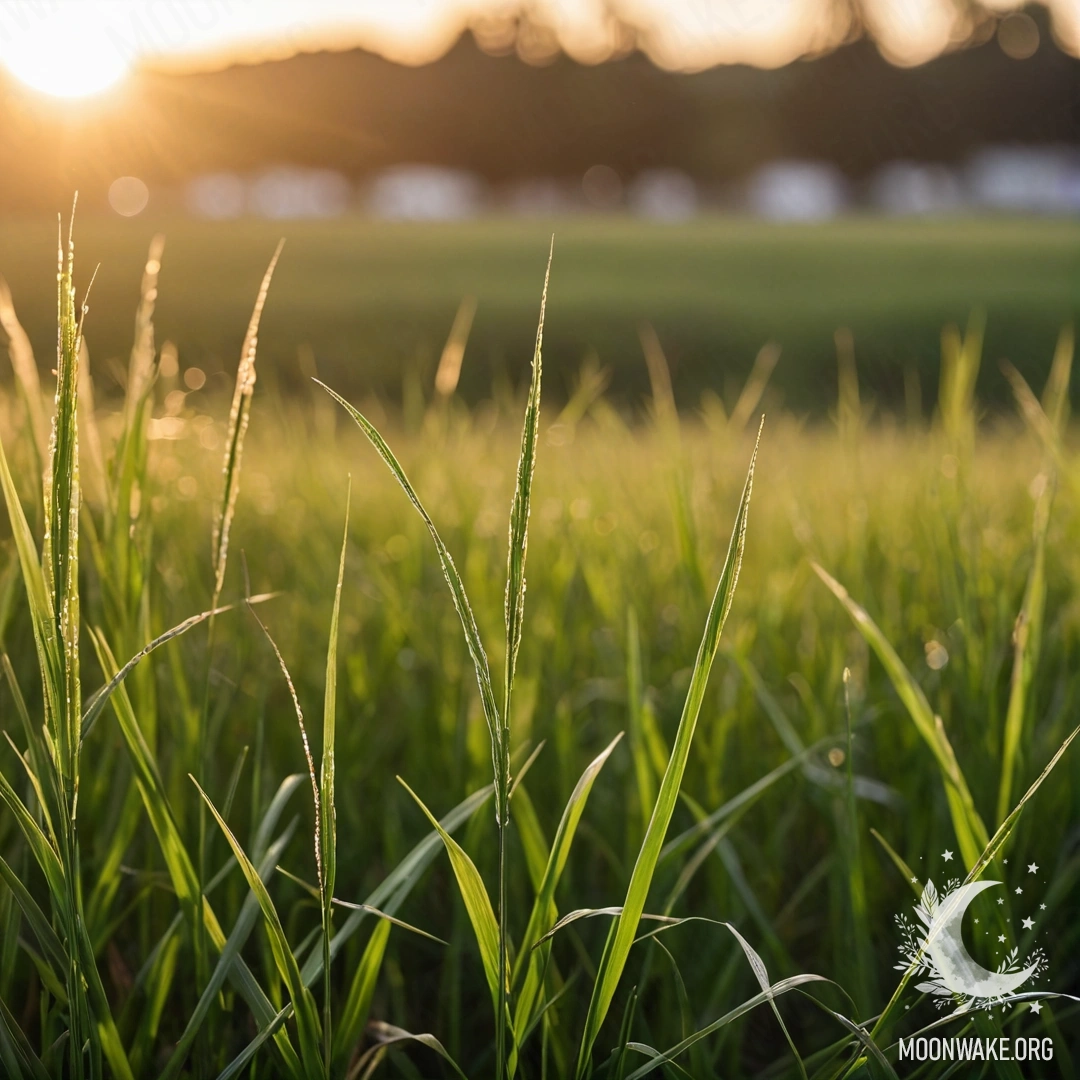 Крупный план травы на фоне размытого заката, отражающего атмосферу солнечного дня.