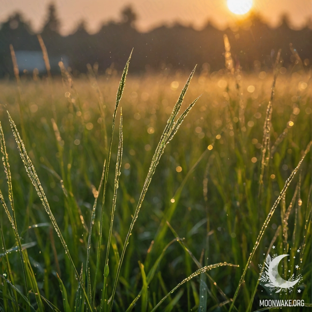 Крупный план травяного поля с фоном в виде заката и каплями дождя