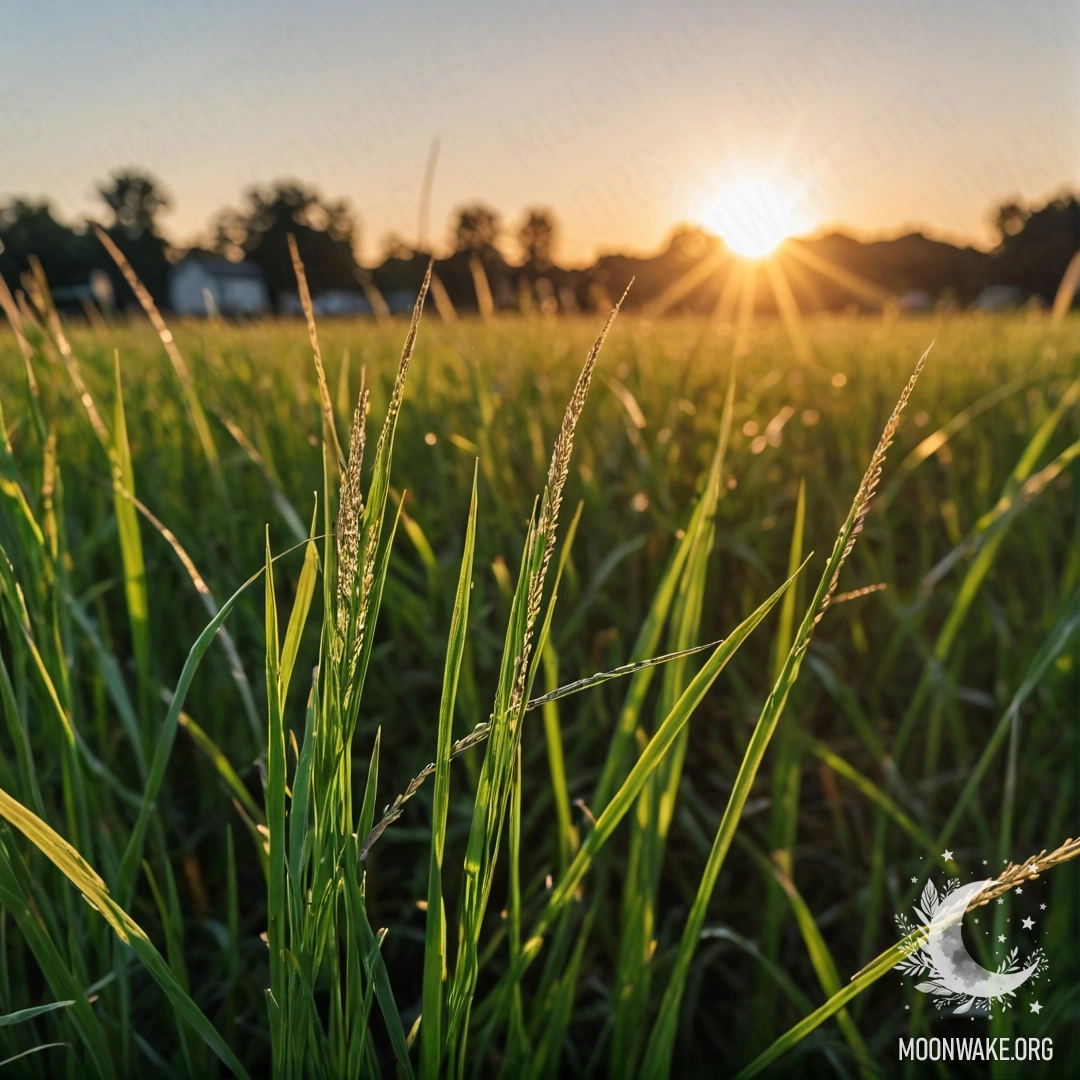 Крупным планом трава на поле на фоне закатного боке.