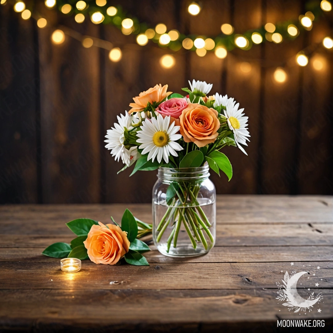 Букет цветов в банке на старом деревянном столе, на фоне ночной размытости огней гирлянды.