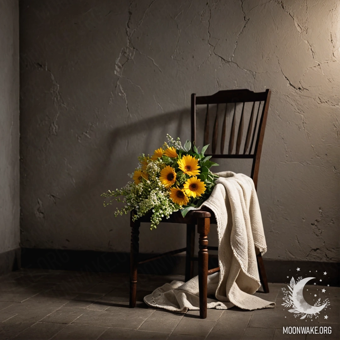 Уютное кресло, украшенное пледом и букетом цветов на фоне потертой стены ночью.