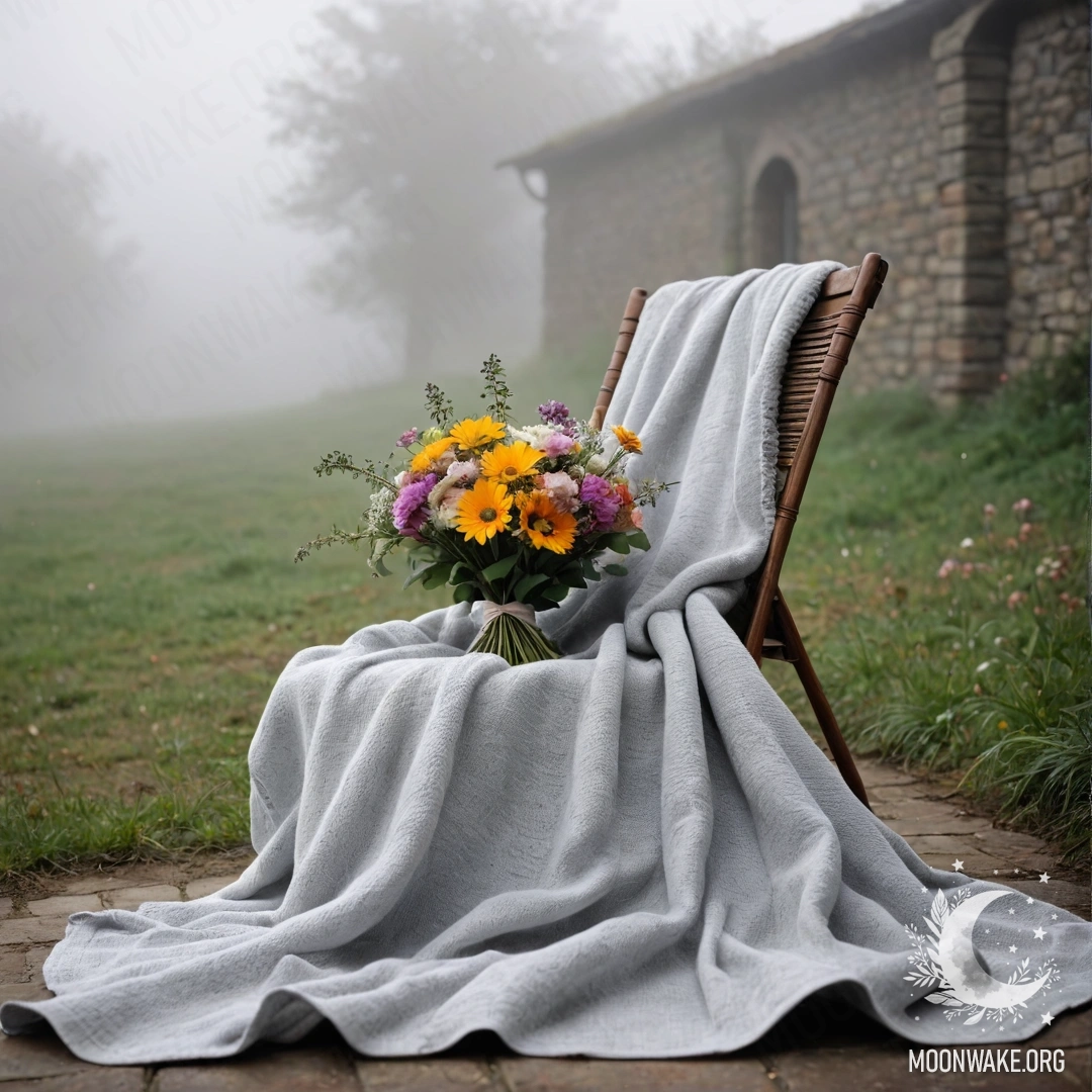 Стул на фоне обветшалой стены, на нем плед, а на пледе лежит букет цветов, окруженный густым туманом.