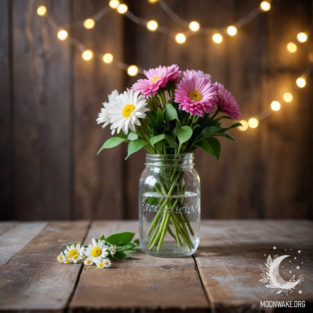 Шершаый деревянный стол, на котором стоит банка с цветами и фон в боке.