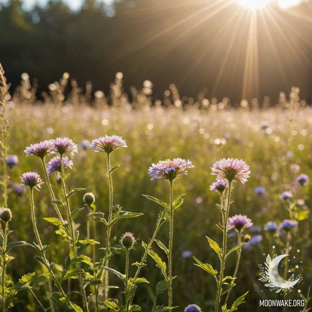 Крупный план ярких полевых цветов на фоне небесного боке, полных солнечных лучей.