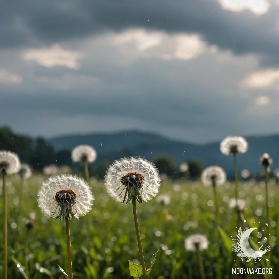 Крупный план одуванчиков на минималистичном поле с размытым небом, покрытым облаками и дождем.