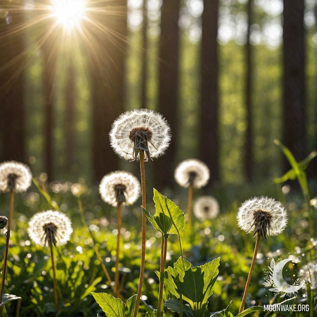 Крупный план одуванчиков на живописном поле с размытым лесом на заднем плане.