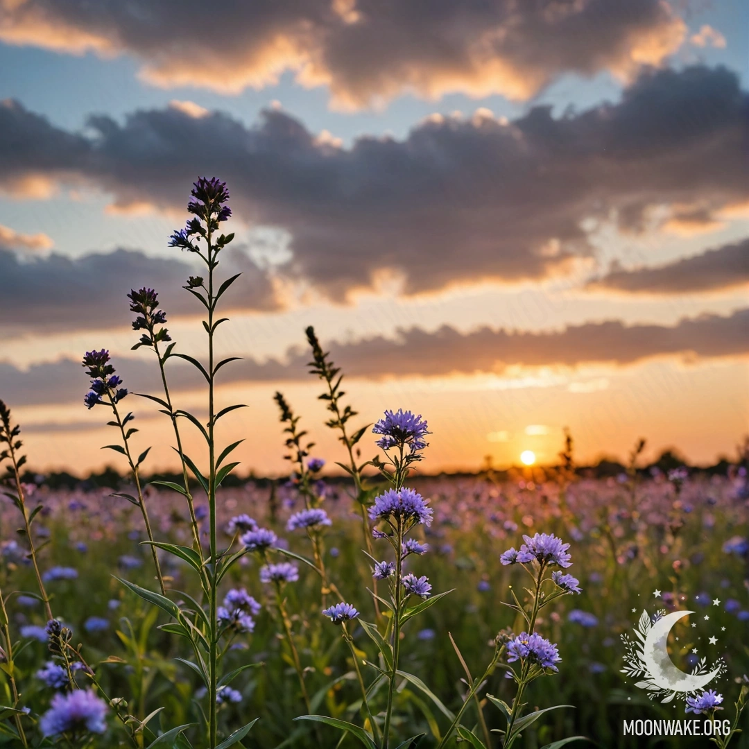 Крупный план ярких цветов на фоне размытости неба с облаками на закате.