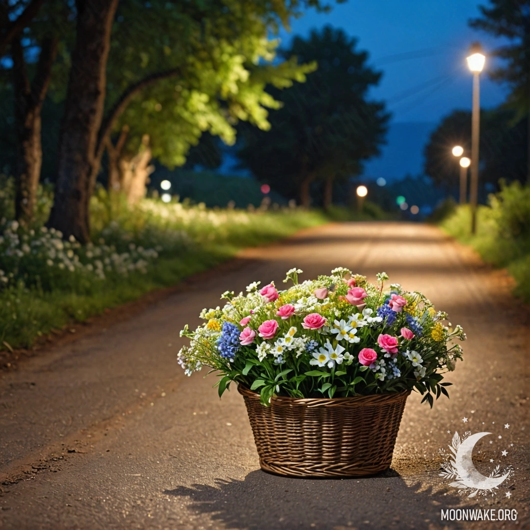 Тихая пыльная дорога с корзиной цветов, окруженная деревьями ночью.