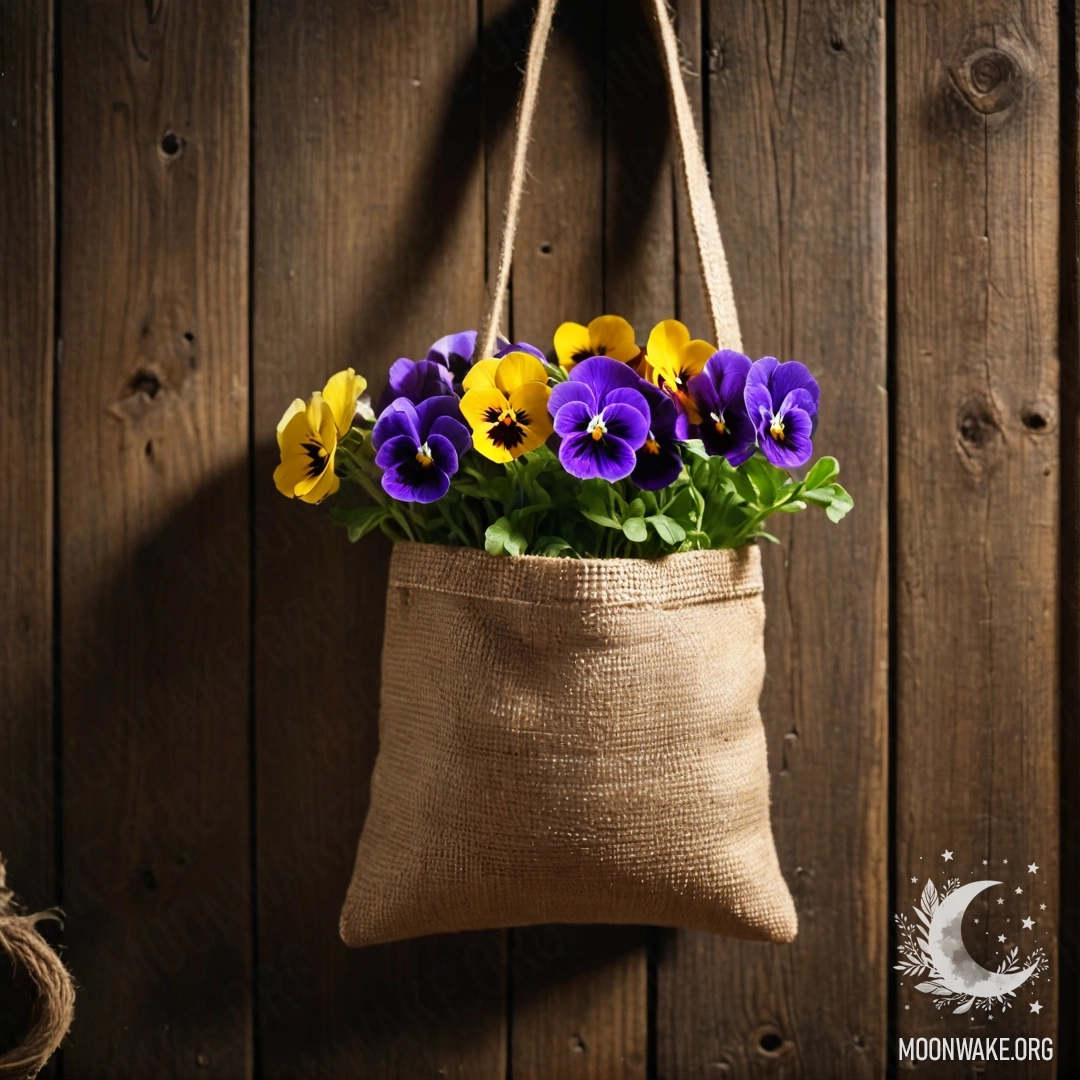 Маленький мешочек из грубого холста, наполненный фиалками, висящий на потертом деревянном стене ночью.
