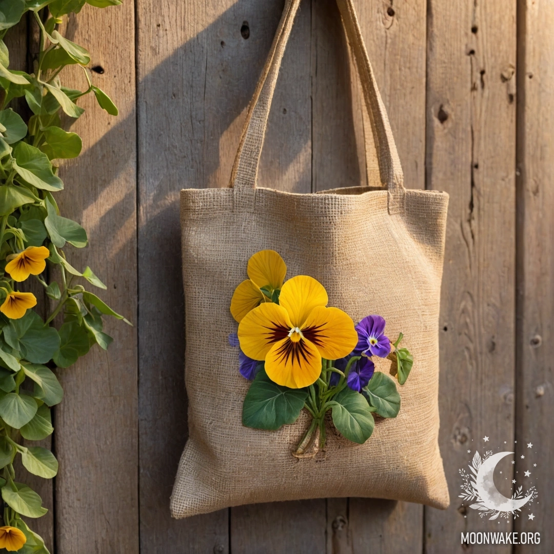 Маленький мешочек из бересты, висящий на потрёпанной деревянной стене, наполненный петуниями.