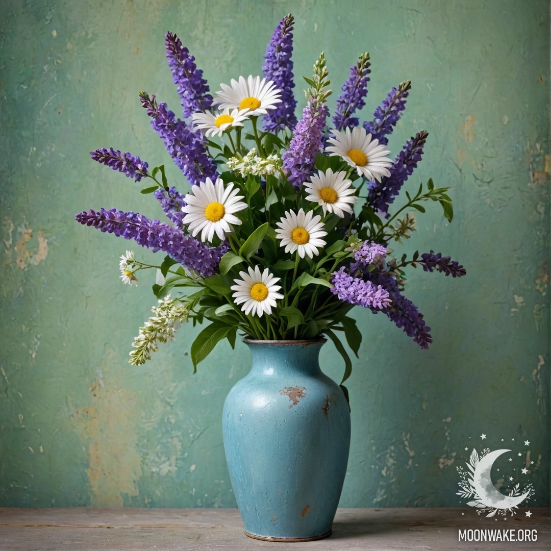 Небольшой мешочек из мешковины, наполненный анютиными глазками, висящий на деревянной стене, залитой солнечными лучами.